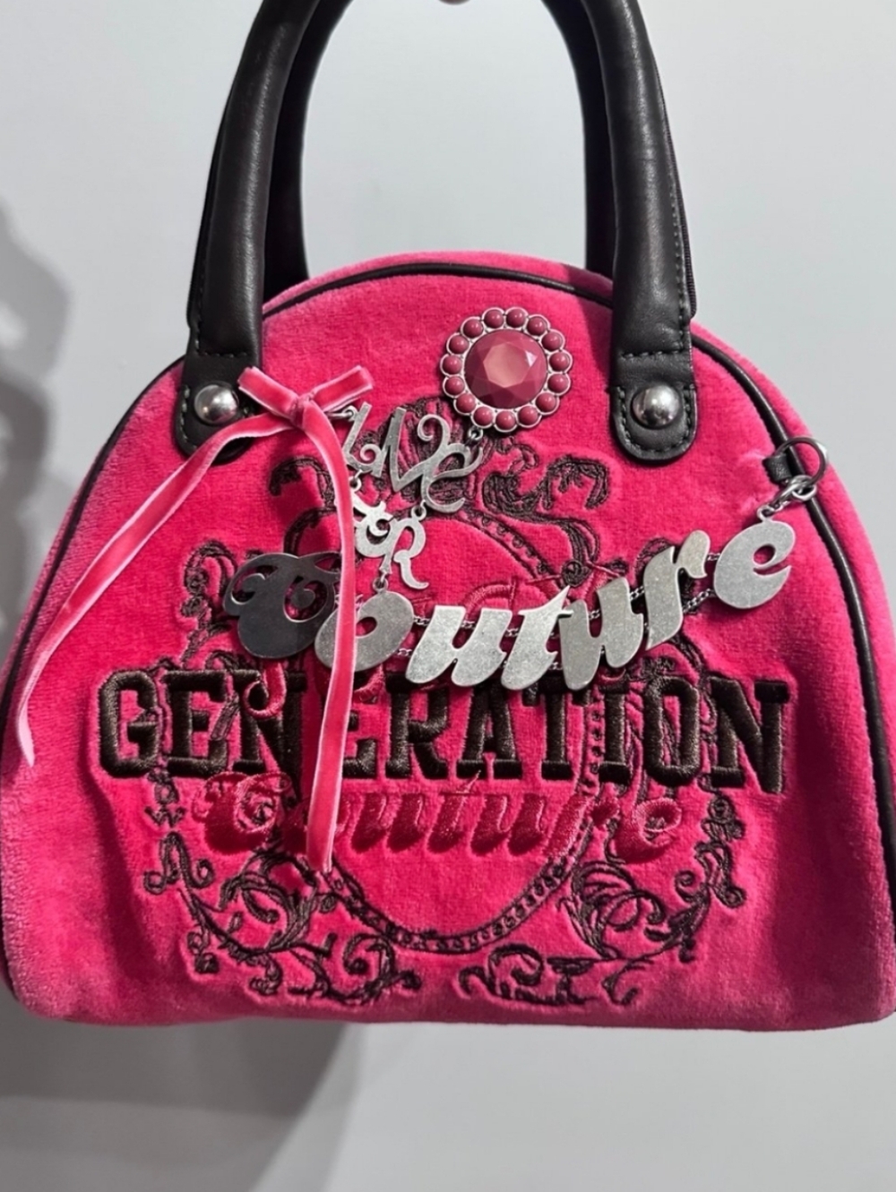 Rare Juicy Couture Y2K GENERATION Hot Pink Velvet Small Bowler Bag With Charm